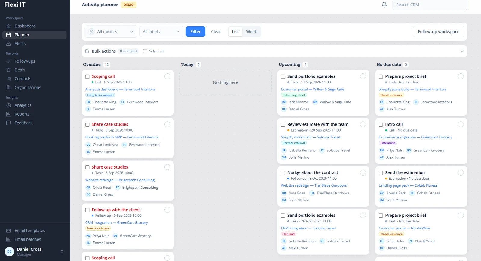 flexiCRM activity planner grouping activities into overdue, today, upcoming and no due date (demo data)