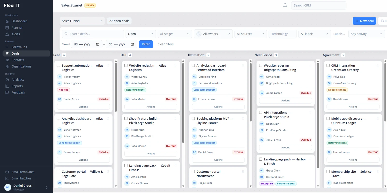 flexiCRM sales funnel board with deals across Lead, Call, Estimation, Test Period and Agreement stages (demo data)