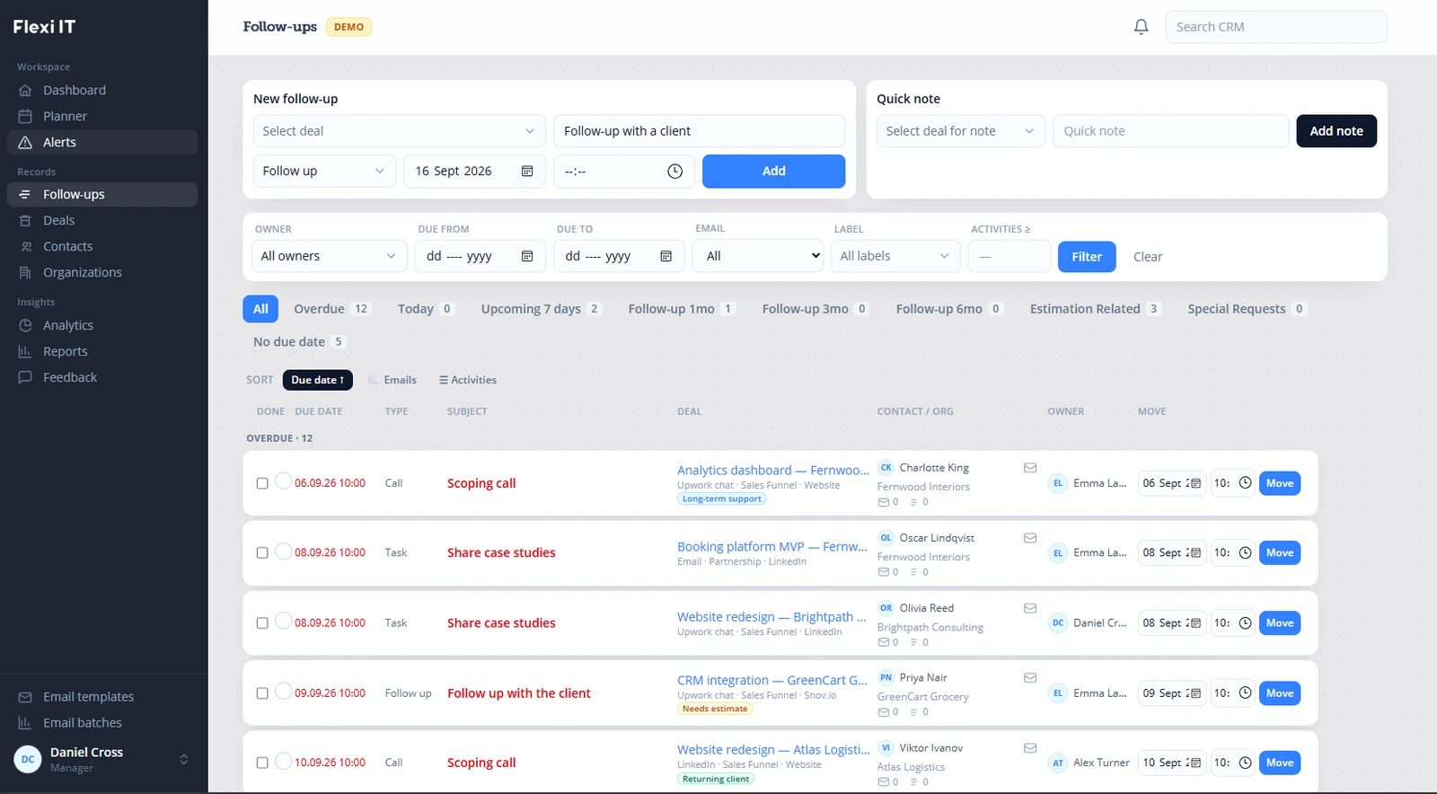 flexiCRM follow-ups screen with new follow-up form, quick note and filtered overdue list (demo data)